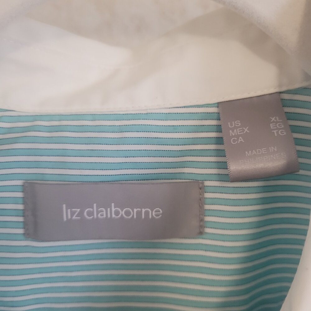 Teal Blue & White Pin Stripe Blouse XL Liz Claiborne - Picture 5 of 16